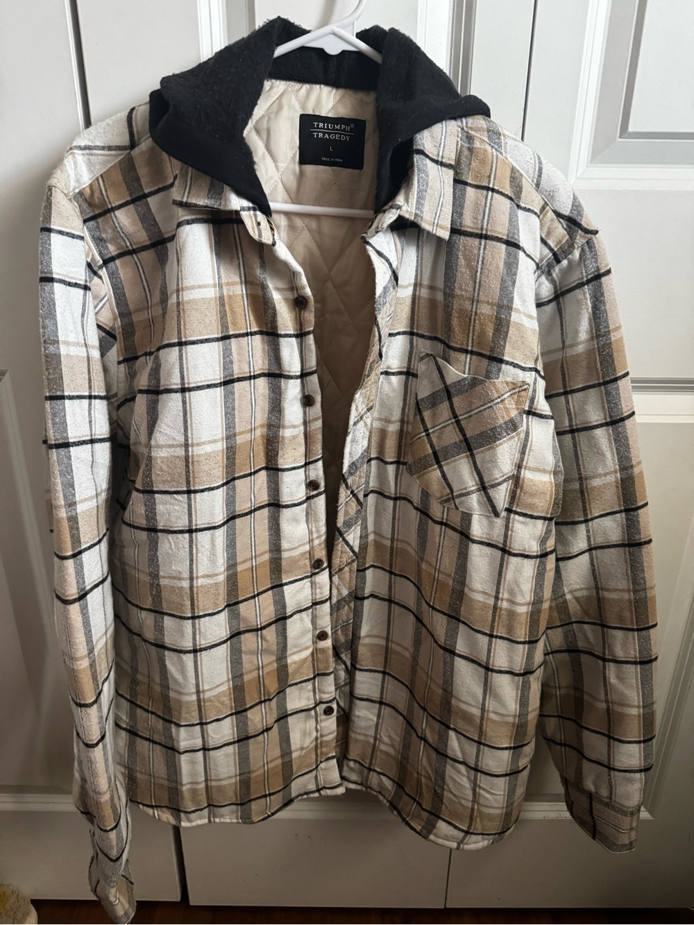 Triumph Beige Plaid Lightweight Shirt Jacket with Black Hood